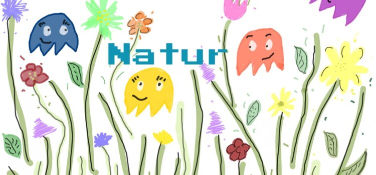 Illustration: Zu sehen ist eine Blumenwiese. Zwischen den Blumen tummeln sich verschiedenfarbige Pacman-Geister. Schlagzeile auf dem Bild: Natur.
